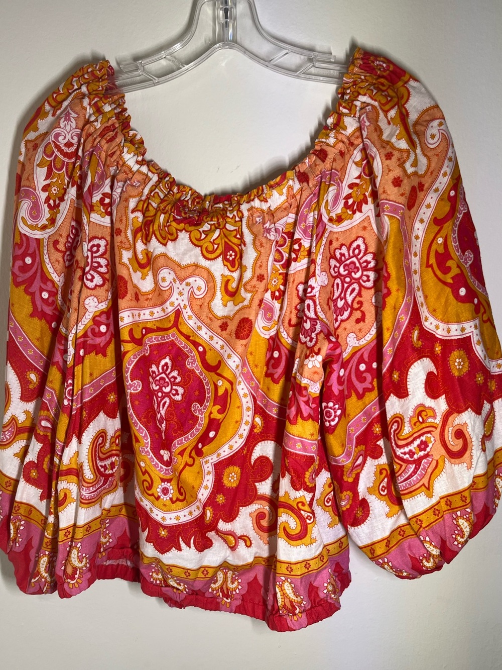 Women's NWT Boho Haute Hippie Pink, Orange & White Paisley Off-Shoulder Blouse